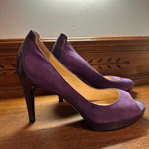 Cole Haan 7-1/2 B purple suede and patent leather peep-toe heels. Nike Air sole!